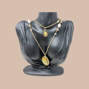Statement Necklace Faux Mother of Pearl Two Strand Pearlescent Beads Gold‎ Tone